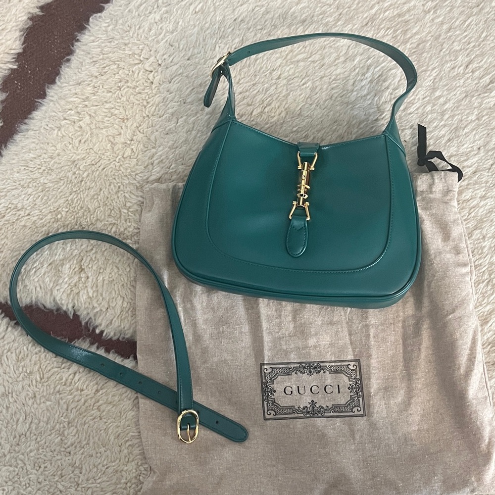 Gucci Jackie Teal Leather Small Shoulder Bag with Gold Accents